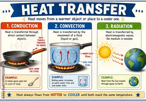 Simple Educational Graphic of Heat Transfer Mechanisms with Arrows and Labels