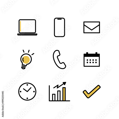 ビジネスアイコンセット 9種類 ミニマルなベクター素材（スマホ、チェックマーク、電球、電話、カレンダー、グラフ、時計、PC、メール）