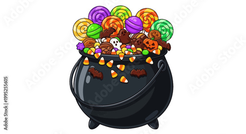 Black Cauldron Filled with Halloween Candies.