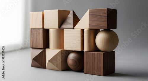 Composition of natural wooden geometric blocks including cubes, cylinders, and spheres, showcasing wood grain texture.