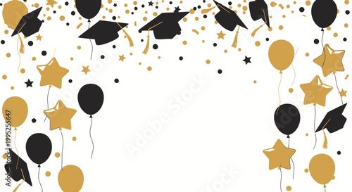 Graduation caps and celebratory balloons floating.