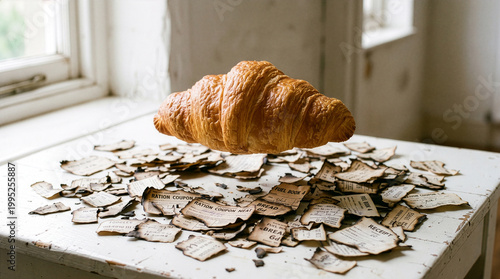 A golden croissant floats above a worn white table covered with scattered ration coupons and receipts in soft window light - Generative AI