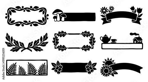 Black and white cottagecore vector banners and frames. Features woodland nature silhouettes like a teapot, cozy house, sunflower, wreath, and fern