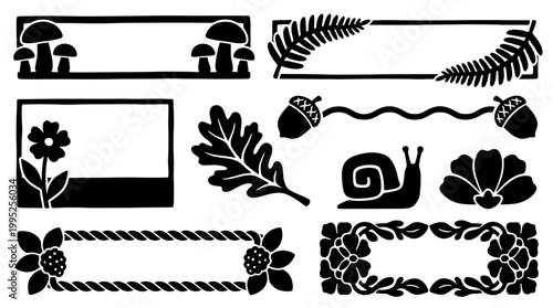 Black and white rustic cottagecore vector frames, floral banners, and woodland silhouette elements featuring mushrooms, ferns, acorns, and a snail
