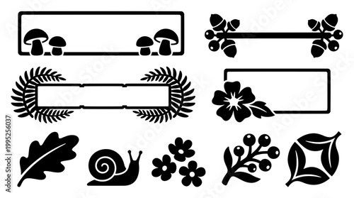 Black and white cottagecore vector stream overlay borders, text box frames, and individual woodland nature silhouette icons like snail and leaf