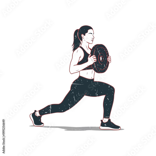 Woman doing lunges with weight plate, fitness illustration