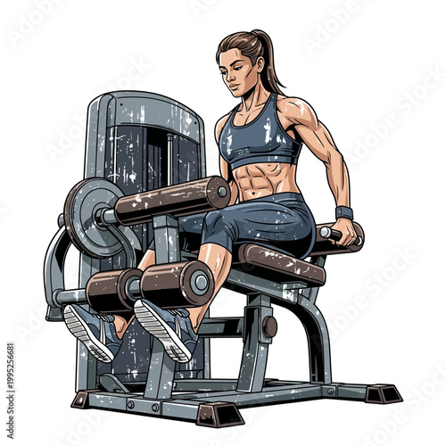 Woman exercising legs on machine in gym, showing muscular physique