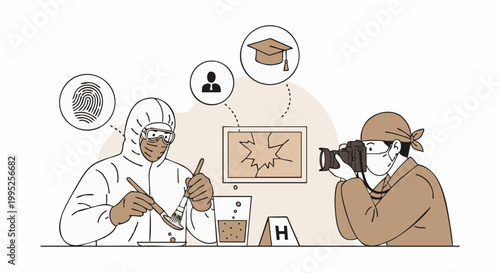 Forensic science illustration depicting investigators gathering evidence, dusting for fingerprints, and documenting crime scenes.