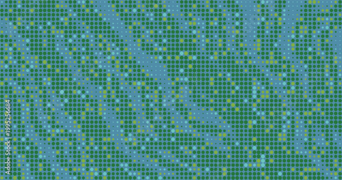 Halftone is green and blue chaotic pattern of dots. Stylish tile of mosaic. Digital background. Vector wallpaper