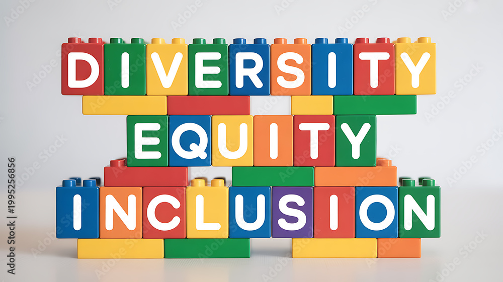 Fototapeta premium Colorful blocks spelling diversity equity inclusion emphasizing health, wellness, and vitality