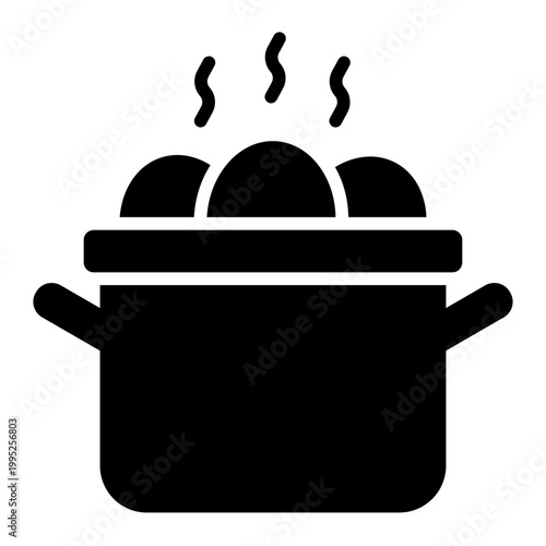 boiling pot glyph icon. steaming pot with egg. cooking and meal prep. kitchen and food