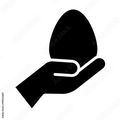 egg in hand glyph icon. single egg on open palm. care and freshness. farm and organic food