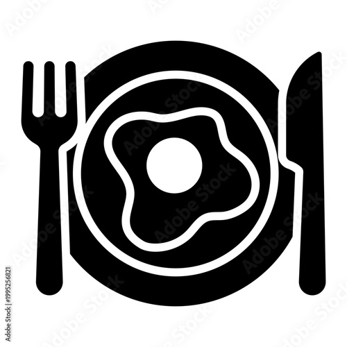 breakfast plate glyph icon. fried egg on plate with fork and knife. morning meal serving. food and dining
