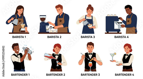 A detailed illustration set showcasing diverse baristas preparing various coffee beverages and skilled bartenders mixing cocktails.