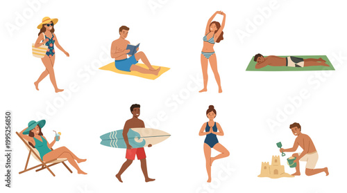 Happy people enjoying diverse summer and beach activities including sunbathing, relaxing, walking, surfing, reading, yoga, and building sandcastles together.