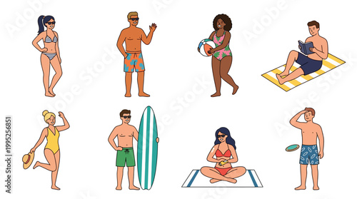 Diverse group of people enjoying summer vacation activities at the beach in swimwear