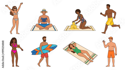 Diverse group of people in colorful swimwear enjoy various recreational activities, relaxing, and playing during a fun sunny vacation day.