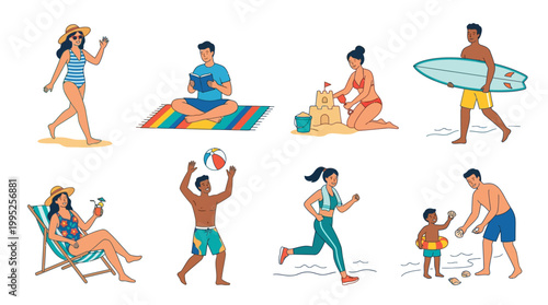 Diverse people joyfully engage in a collection of popular summer beach activities, including surfing, relaxing, playing, and reading by the sea.