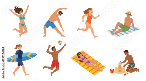Diverse group of people enjoying various fun beach activities, showcasing summer leisure and recreation