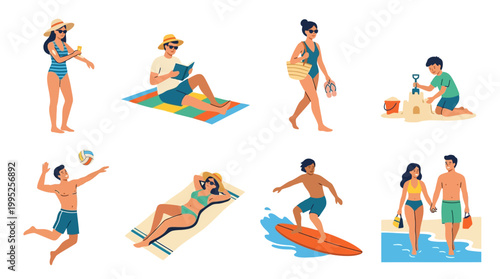 Diverse people enjoying various summer beach activities like sunbathing, playing volleyball, surfing, and building sandcastles.