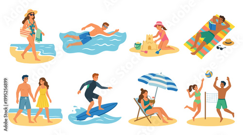 Diverse group of people performing various fun summer vacation activities while enjoying sunny weather and relaxing during their holidays outdoors