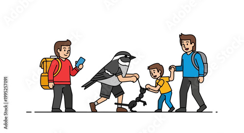 Children and adults interacting with a large bird illustration.