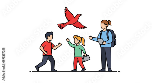 Children and Teacher Observing a Red Bird in Flight.