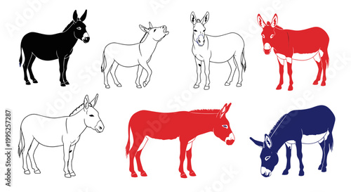 Donkeys in various colors standing still.