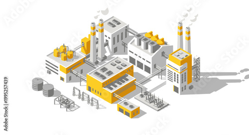 Modern Industrial Factory Complex with Solar Panels and Smokestacks.