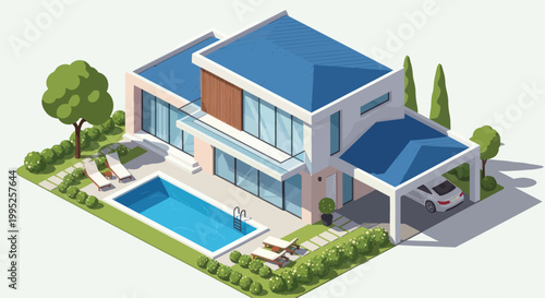 Modern Luxury Villa with Swimming Pool and Carport in Isometric View.