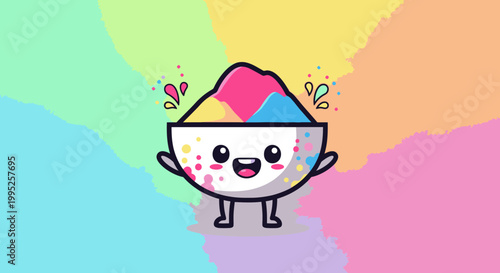 Cute Cartoon Creature Character Centered On Colorful Rainbow Theme.