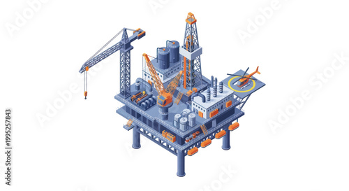 Offshore oil rig platform with cranes and helicopter pad.