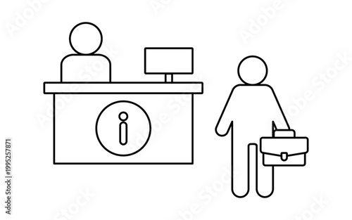 Hotel Reception Check-In Icon – Front Desk Clerk and Business Traveler with Briefcase Line Art Vector Illustration, Customer Service and Hospitality Concept