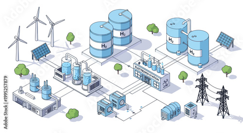 Renewable Energy Production and Storage System Illustration.