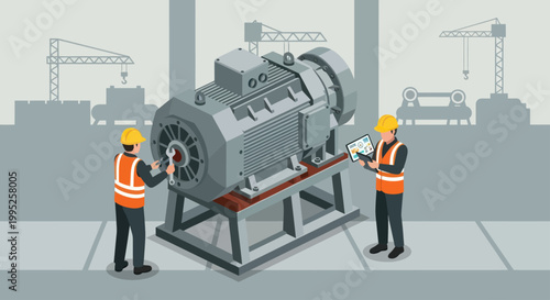 Two engineers performing maintenance on a large industrial electric motor.