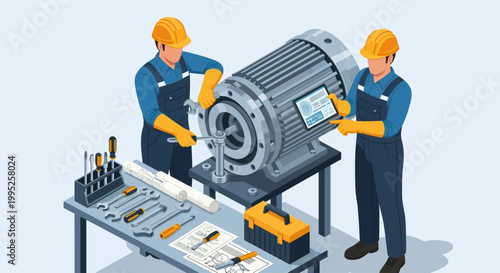 Konstfotografi Two engineers repairing a large industrial electric motor on a workbench