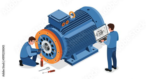 Two engineers performing maintenance and diagnostics on a large industrial electric motor.