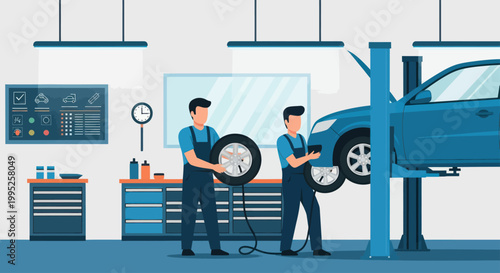 Quadro su tela Two mechanics working on a car in a professional auto repair shop