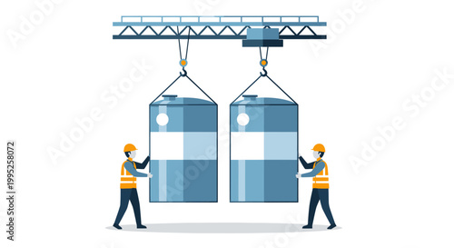 Two workers in hard hats and safety vests lifting large blue tanks with a crane.