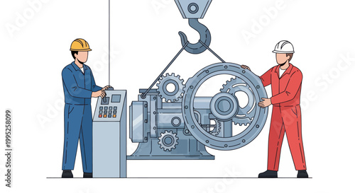 Two workers operating heavy machinery with a crane.