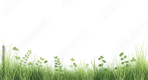Vibrant green grass and leafy plants growing against a clean white background for nature concepts