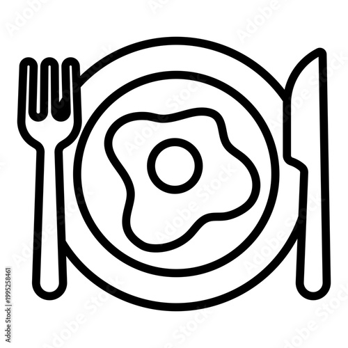 breakfast plate outline icon. fried egg on plate with fork and knife. morning meal serving. food and dining