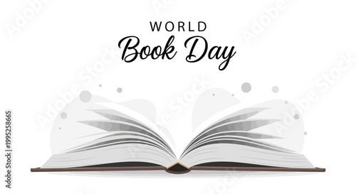 Elegant vector illustration design celebrating World Book Day, featuring an open book with softly blurred pages and subtle light gray accents against a clean, bright white background