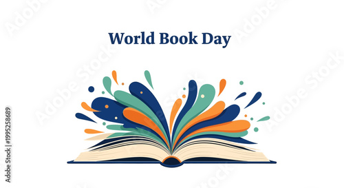 Stylized vector graphic for World Book Day showcasing an open book with vibrant, flowing shapes emanating upwards in a flat lay composition against a clean white background