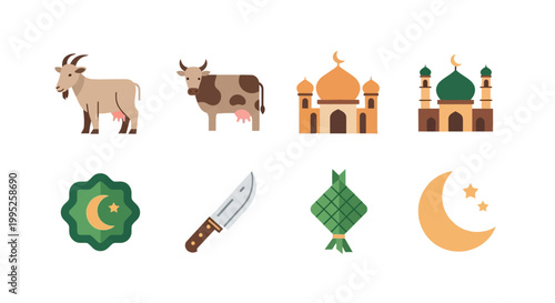 Flat Islamic Icon Set for Eid al-Adha Featuring Qurban Goat Cow Mosque Butcher Knife and Ketupat Elements