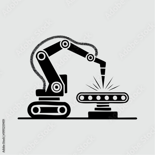 Industrial robotic arm welding on a metal plate