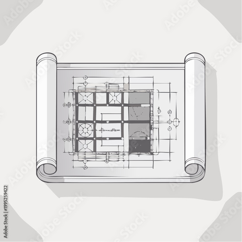 architectural blueprint floor plan illustration on scroll