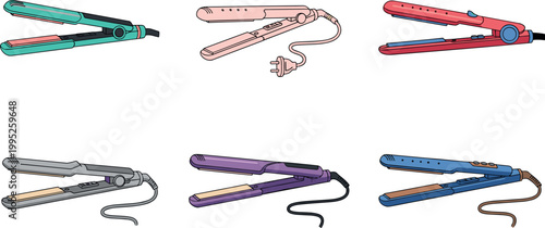 Hair straightener collection with flat irons in different colors and styles for beauty and hairstyling flat vector illustration set