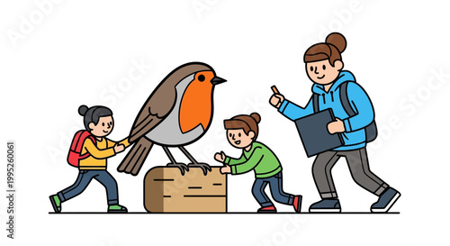 Children and Teacher Observe a Large Bird on a Wooden Block.