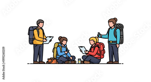 Group of Hikers Planning Adventure with Backpacks and Tablets.